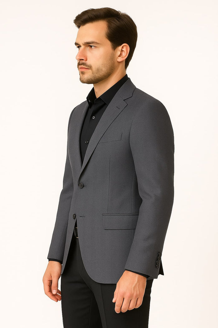 Men's Charcoal Grey Checkered Sport Coat – Classic Plaid Windowpane Pattern Blazer