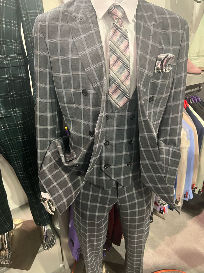 Men’s Gray Checkered 3 Piece Double-Breasted Suit – Slim Fit Formal Outfit - Vested Glend Plaid Pattern Checkered