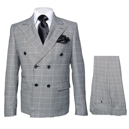 Rossiman Men’s Grey Prince of Wales Check Suit – Glen Plaid Double-Breasted Two-Piece
