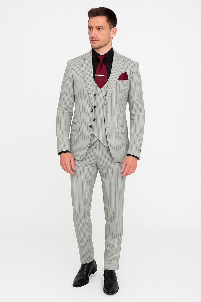 Men's Grey and Black Pinstripe Three-Piece Suit 1920s Suit Gangster Stripe Vintage Look
