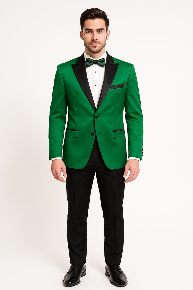 Men's Sateen Emerlad Green Tuxedo Jacket with Black Satin Lapel and Bow Tie – Slim Fit Prom and Party Blazer