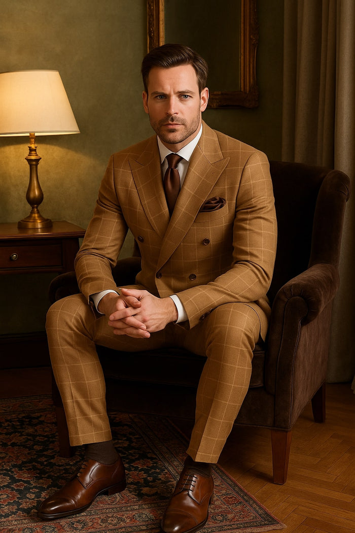 Tan Windowpane Plaid Suit – Rossiman Double-Breasted Men’s Two-Piece in Camel