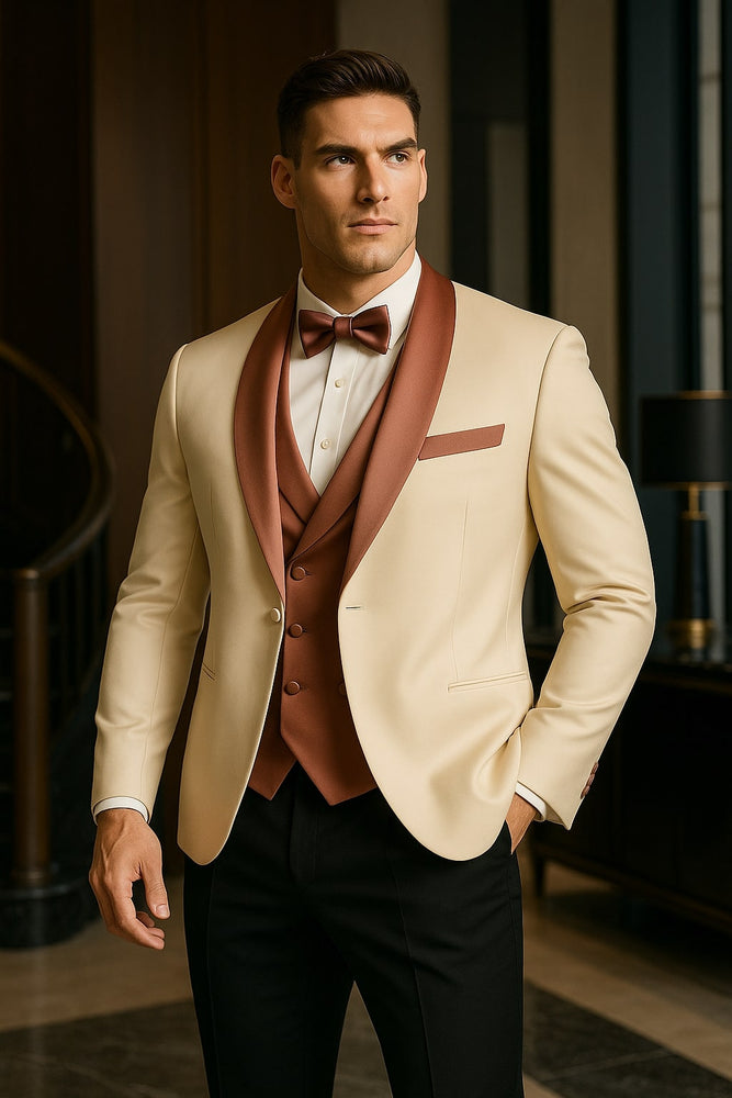 Men's White and Rose Gold Tuxedo with Mauve Satin Vest and Bow Tie – Elegant Formalwear for Weddings and Events