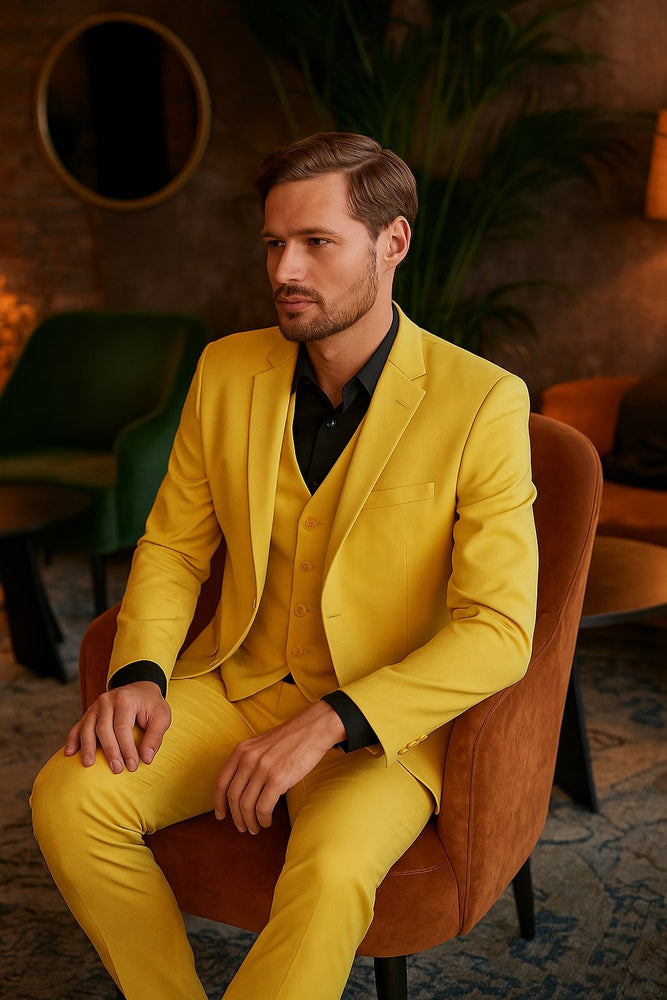 Men's Yellow 3-Piece Suit with Black Dress Shirt – Modern Slim Fit Formal Attire