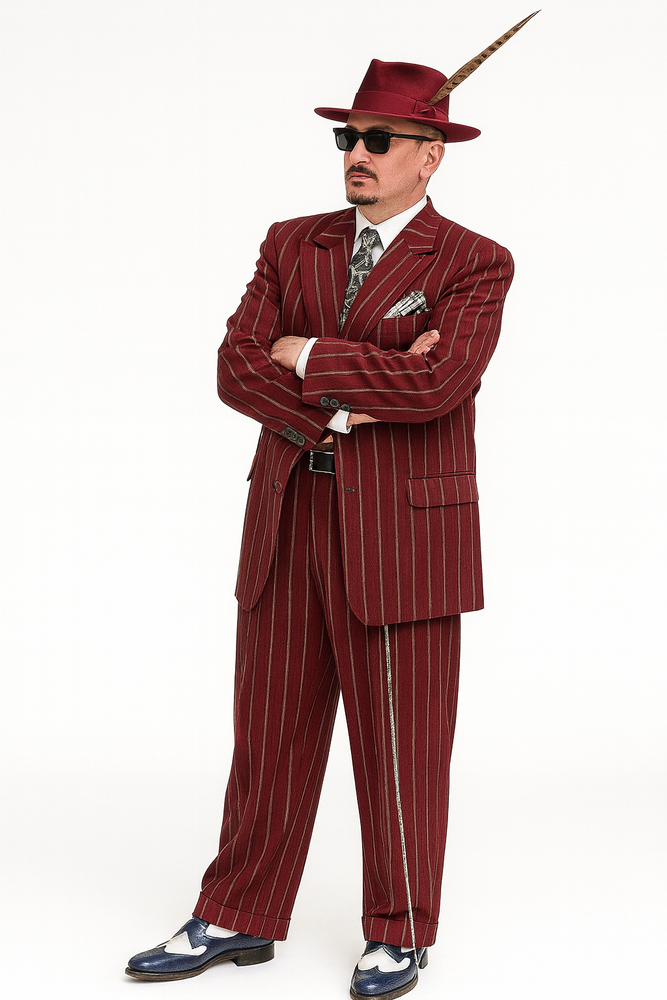 Burgundy Pinstripe Zoot Suit – 3 Piece 1920s/1930s Gangster Outfit (Jacket and Pants and Vest)  Vintage Fashion