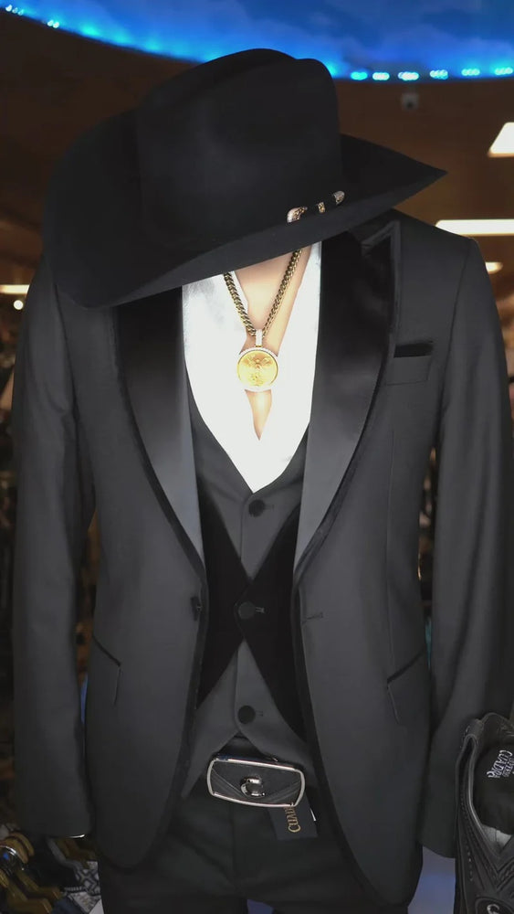 Mens Black Western Suit Blazer with Satin Lapel – Modern Cowboy Formal Jacket