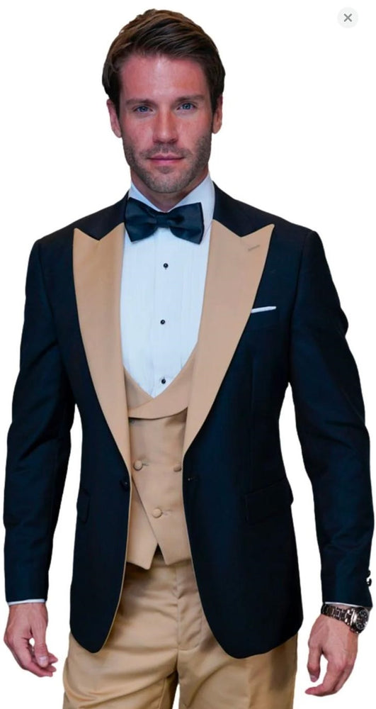 Men’s Black and Goldish Champaign Camel Bronze Tuxedo with Satin Shawl Lapel and Matching Vest with Bowtie
