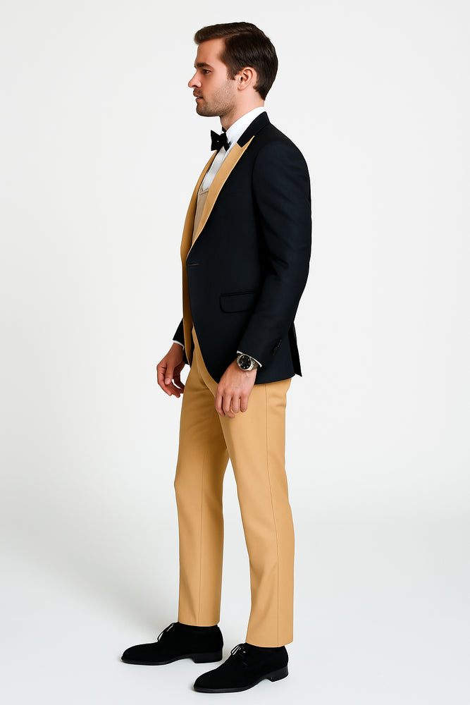 Men’s Black and Goldish Champaign Camel Bronze Tuxedo with Satin Shawl Lapel and Matching Vest with Bowtie
