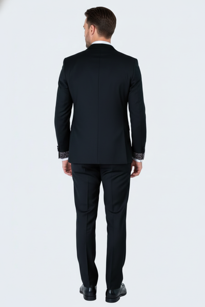 Men's Black and White Silver Embellished Tuxedo Suit + Bowtie 3-Piece Formal Wedding, Prom, and Gala Outfit