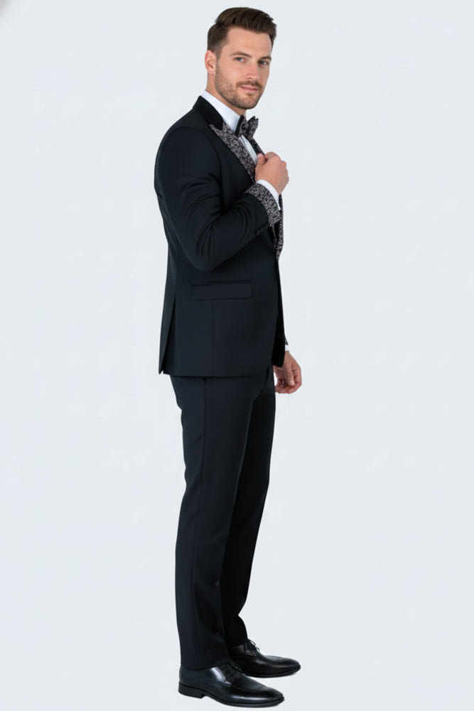 Men's Black and White Silver Embellished Tuxedo Suit + Bowtie 3-Piece Formal Wedding, Prom, and Gala Outfit