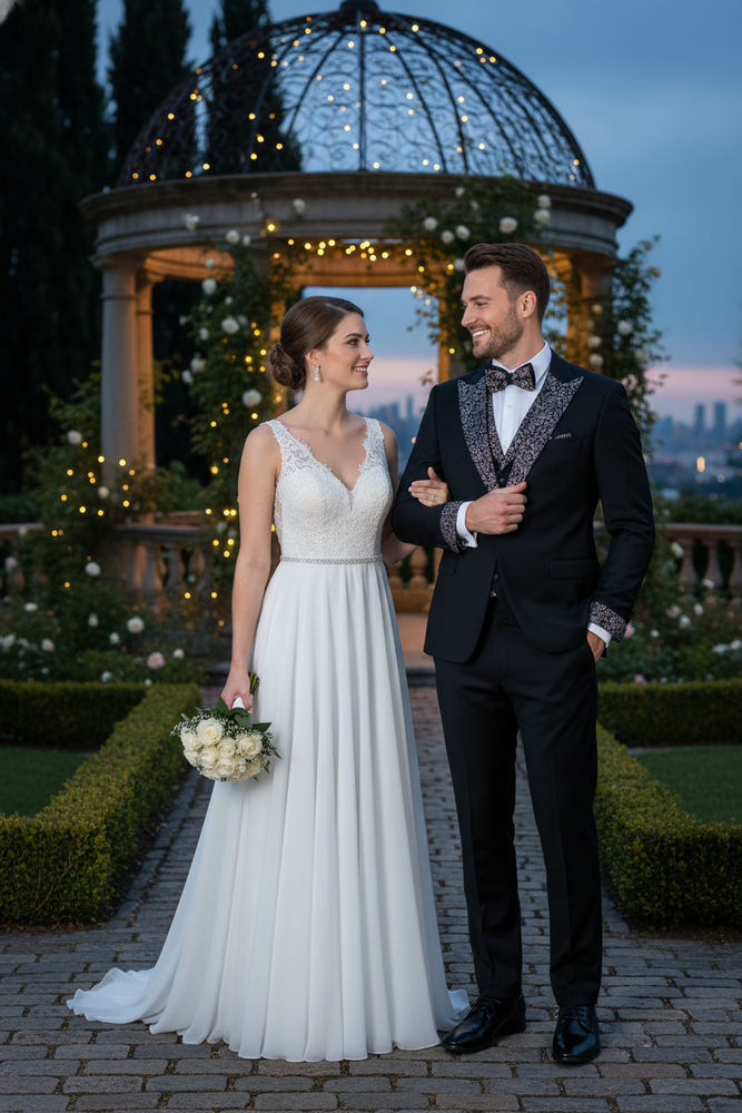 Men's Black and White Silver Embellished Tuxedo Suit + Bowtie 3-Piece Formal Wedding, Prom, and Gala Outfit