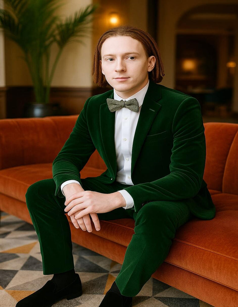 Men’s Emerald Green Velvet Suit – Slim Fit Tuxedo for Weddings, Prom, and Red Carpet Events