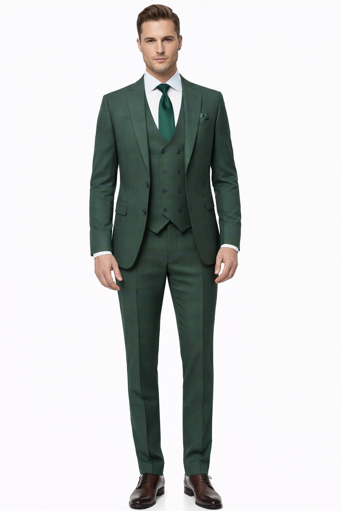 Men’s Green Plaid 3-Piece Suit – Classic Check Slim Fit Suit for Weddings, Church, and Formal By Rossiman