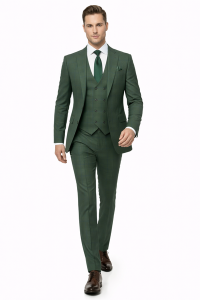 Men’s Green Plaid 3-Piece Suit – Classic Check Slim Fit Suit for Weddings, Church, and Formal By Rossiman