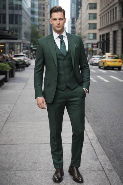 Men’s Green Plaid 3-Piece Suit – Classic Check Slim Fit Suit for Weddings, Church, and Formal By Rossiman