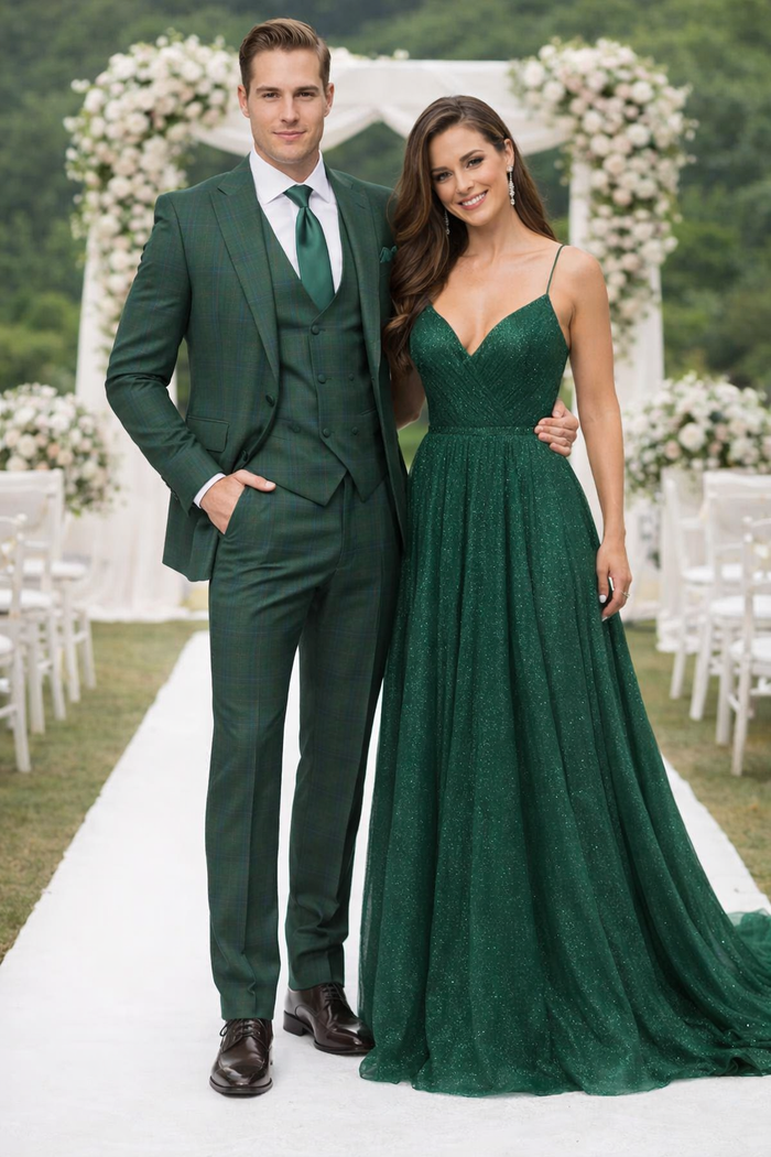 Men’s Green Plaid 3-Piece Suit – Classic Check Slim Fit Suit for Weddings, Church, and Formal By Rossiman