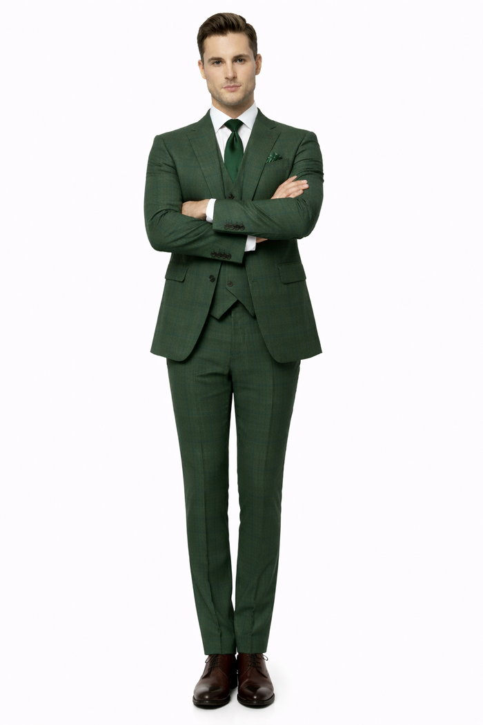 Men’s Green Plaid 3-Piece Suit – Classic Check Slim Fit Suit for Weddings, Church, and Formal By Rossiman