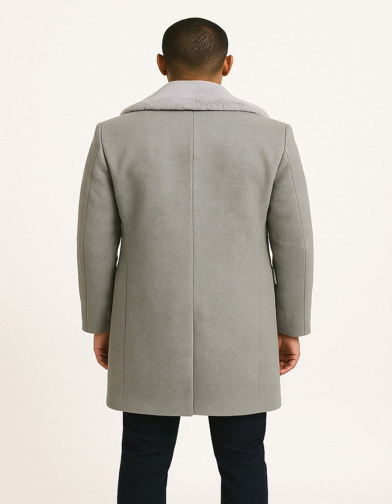 Men’s Grey Wool Overcoat with Plush Faux Fur Shawl Collar – Winter Luxury Coat