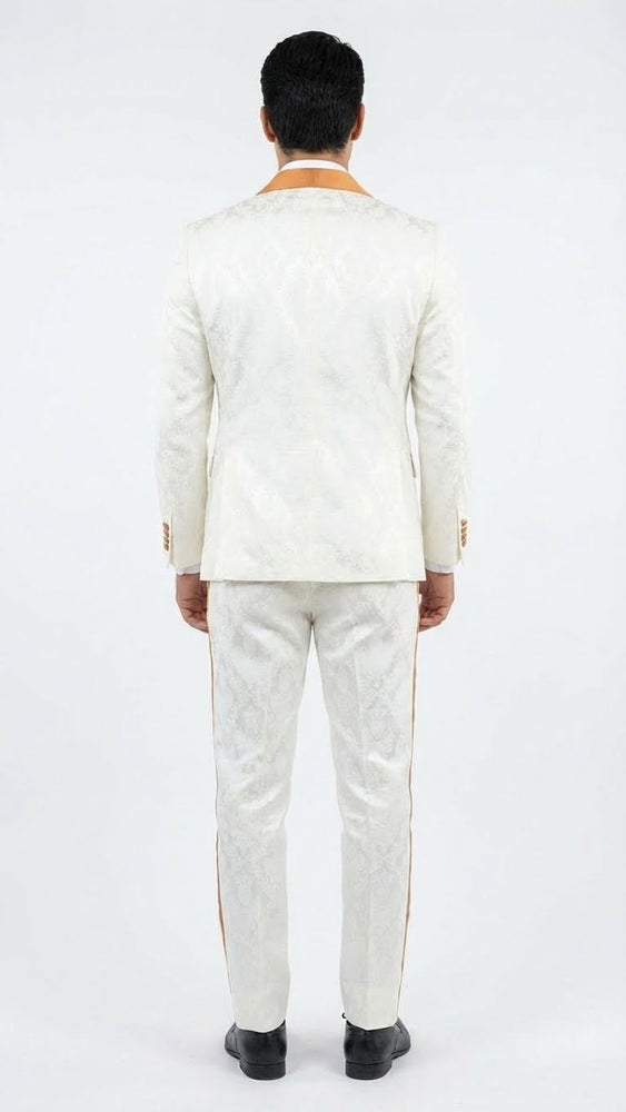 Men's Ivory and Gold Jacquard Tuxedo Suit + Bowtie – Formal Wedding, Prom, and Gala Outfit in Cream Off White color