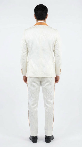 Men's Ivory and Gold Jacquard Tuxedo Suit + Bowtie – Formal Wedding, Prom, and Gala Outfit in Cream Off White color