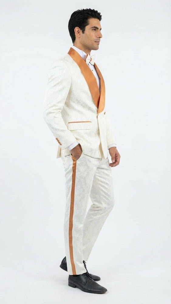 Men's Ivory and Gold Jacquard Tuxedo Suit + Bowtie – Formal Wedding, Prom, and Gala Outfit in Cream Off White color