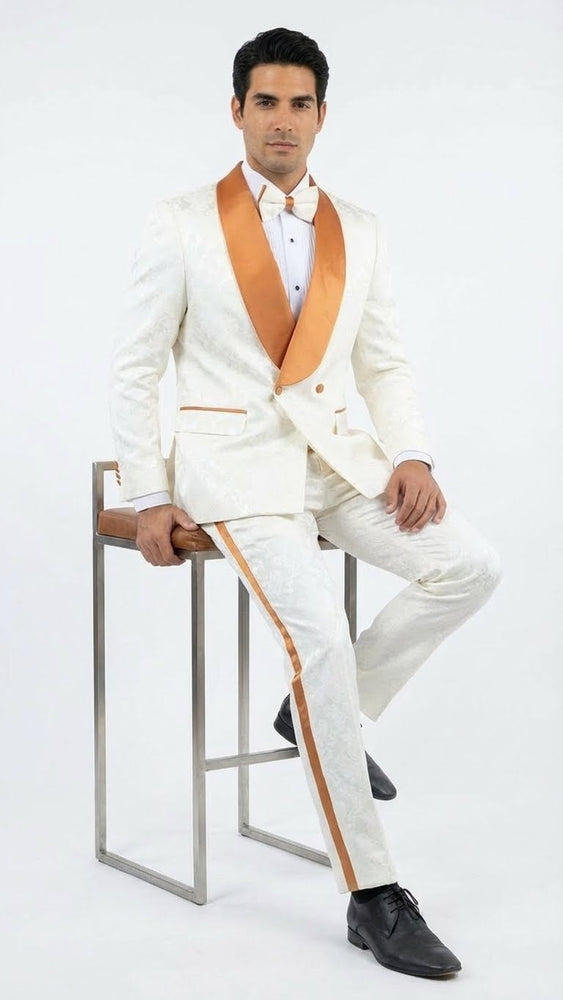 Men's Ivory and Gold Jacquard Tuxedo Suit + Bowtie – Formal Wedding, Prom, and Gala Outfit in Cream Off White color