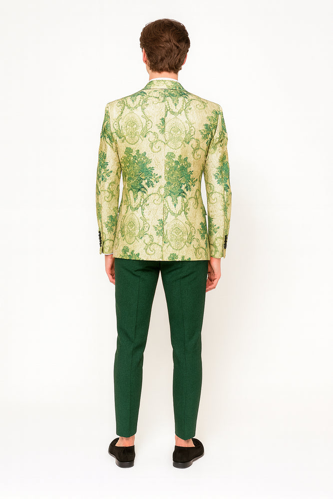 Men’s Ivory and Green Suit Floral Embroidered Tuxedo Jacket with Black Satin Lapel – Designer Blazer for Weddings With Hutner Green Pants