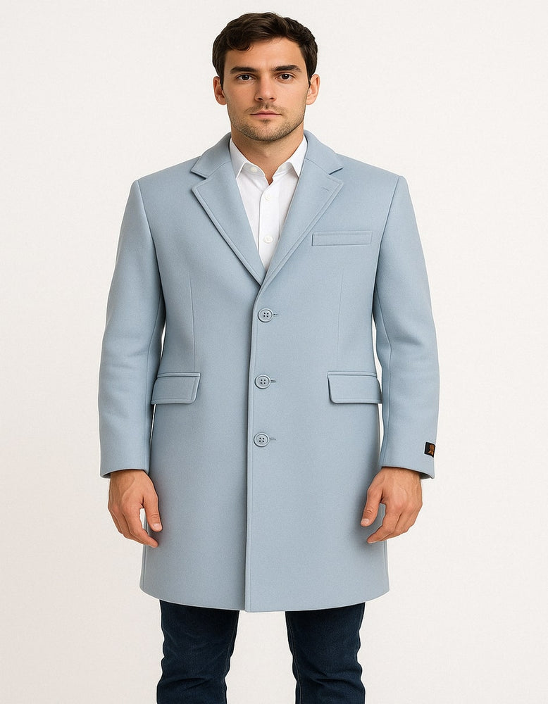 Men’s Light Blue Wool Overcoat – Classic Single-Breasted Long Coat - Sky Blue Carcoat Wool Fabric