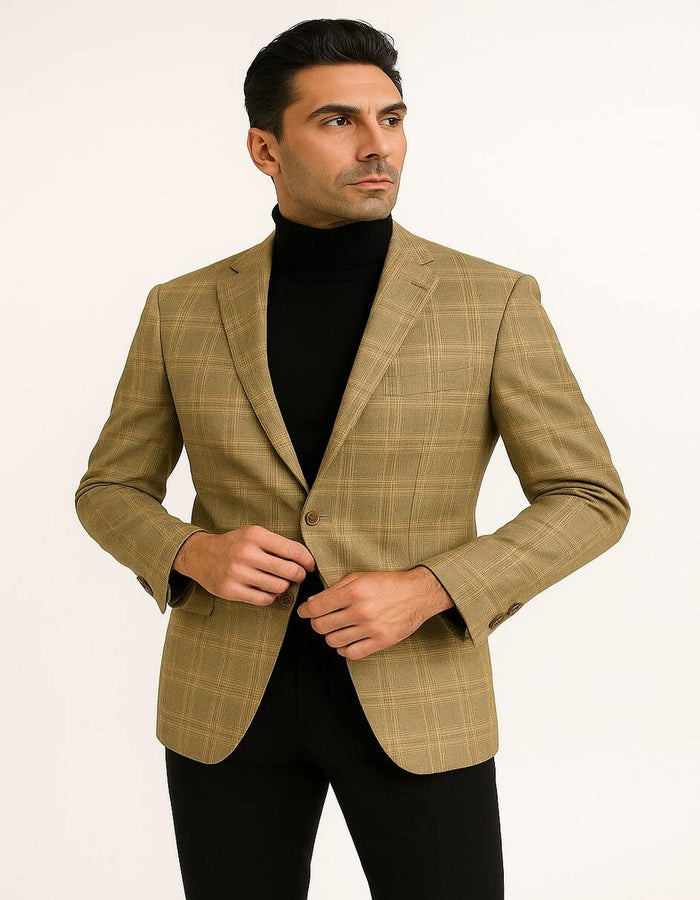 Men's Light Brown Plaid Sport Coat – Classic Check Blazer for Business and Casual Wear in Tan Windowpane Taupe Color