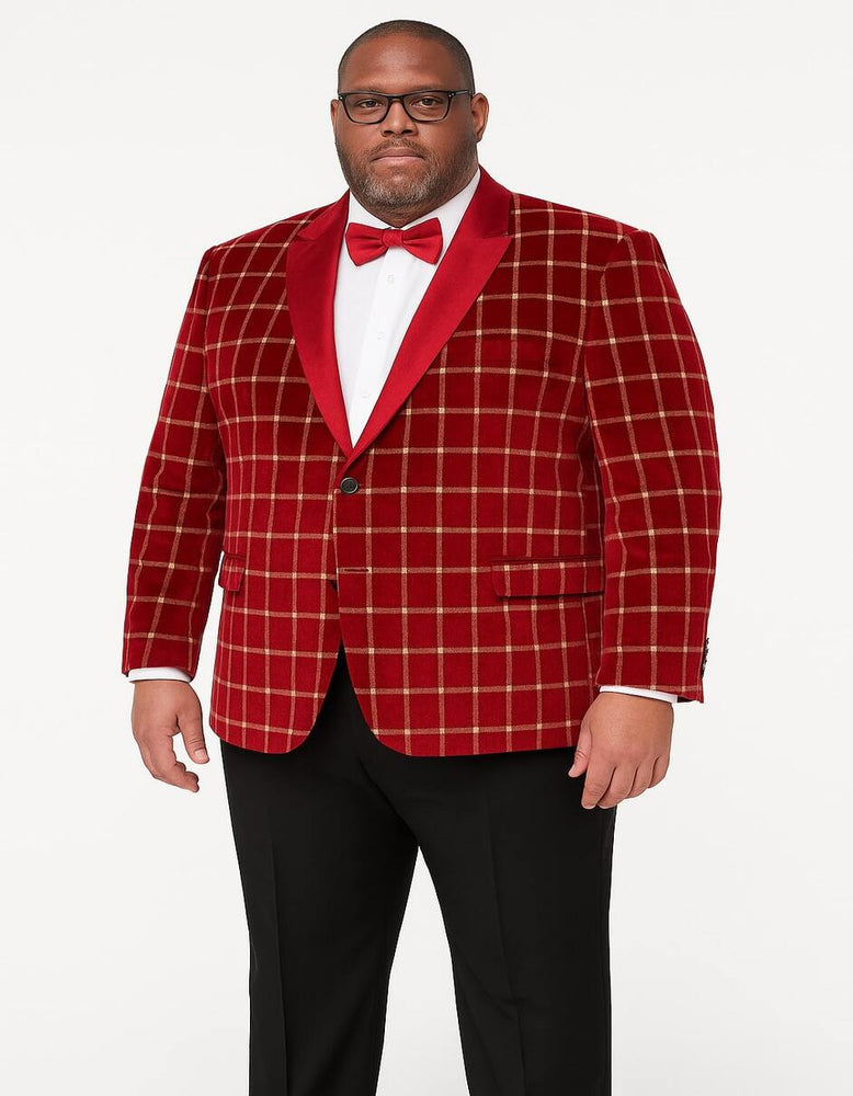 Men's Red Velvet Plaid Blazer with Satin Lapel – Designer Tartan Suit Jacket for Holidays and Events