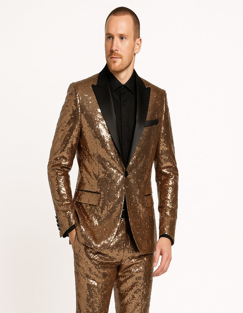 Men's Rose Gold Sequin Tuxedo Suit with Black Satin Lapel – Luxury Slim Fit Blazer for Parties and Events