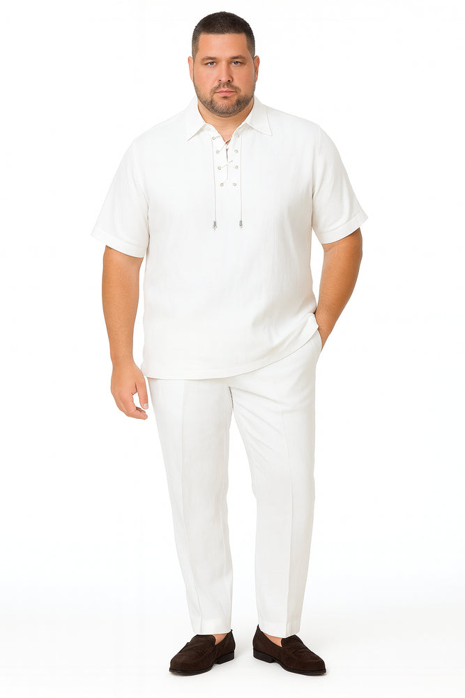 Men’s White Lace-Up Shirt and Pants Set – Casual Summer Two-Piece Outfit