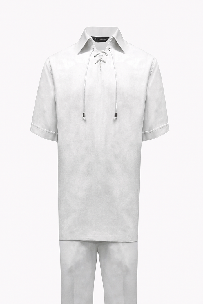 Men’s White Lace-Up Shirt and Pants Set – Casual Summer Two-Piece Outfit