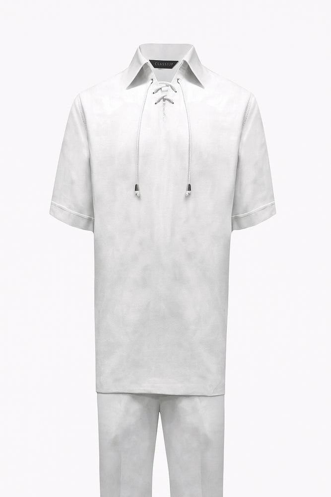 Men’s White Lace-Up Shirt and Pants Set – Casual Summer Two-Piece Outfit
