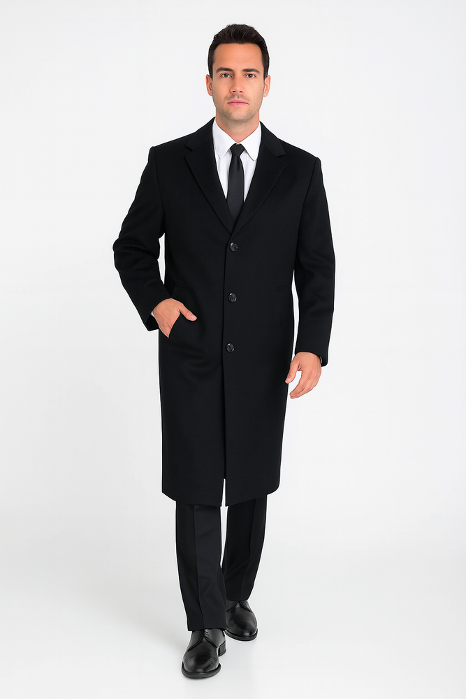 Men’s Black Wool-Blend Topcoat