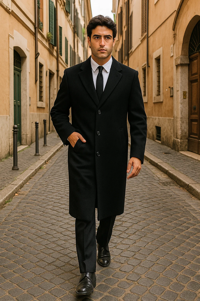Men’s Black Wool-Blend Topcoat