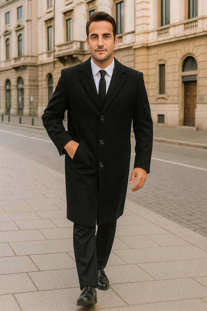 Men’s Black Wool-Blend Topcoat