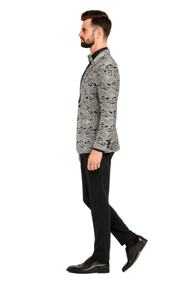Men’s Black and Silver Paisley Tuxedo Jacket 