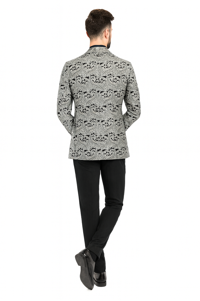 Men’s Black and Silver Paisley Tuxedo Jacket 