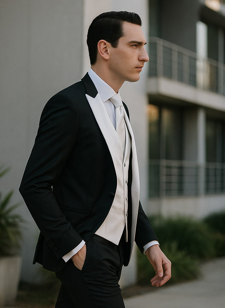 Men's Black and White Lapel Peak Lapel Vested 3 Piece 1 Button Tuxedo With White Lapel Suit with white vest or black vest