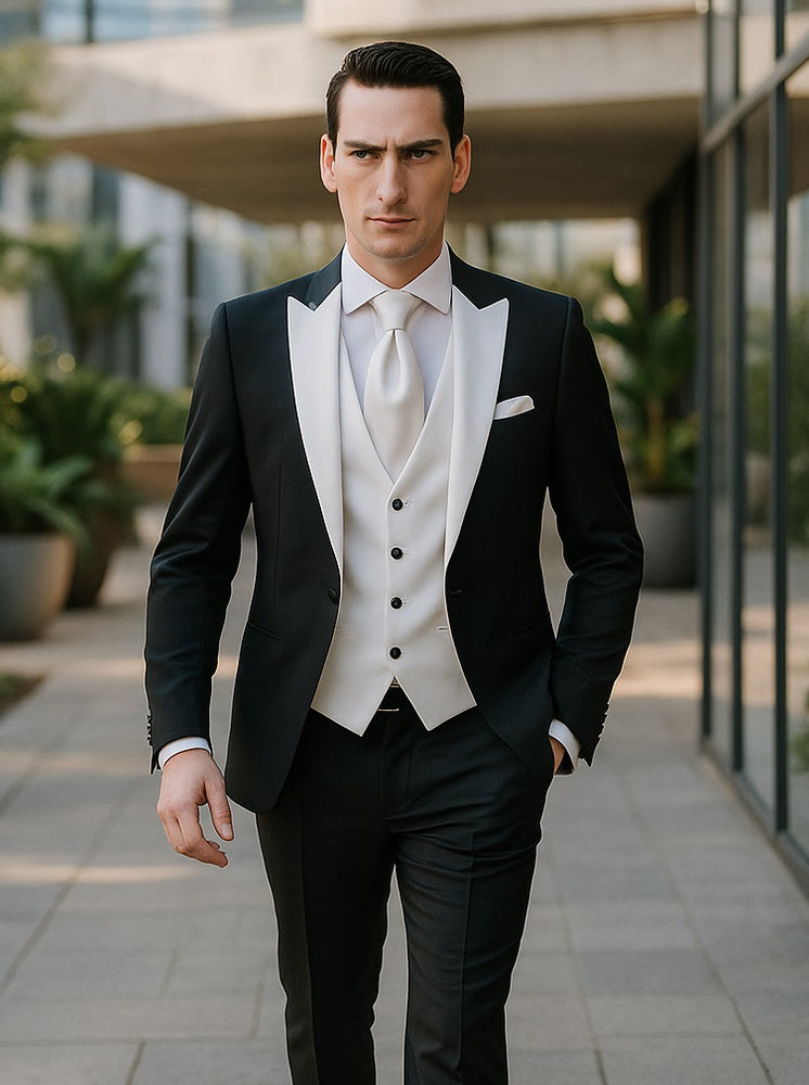 Men's Black and White Lapel Peak Lapel Vested 3 Piece 1 Button Tuxedo With White Lapel Suit with white vest or black vest
