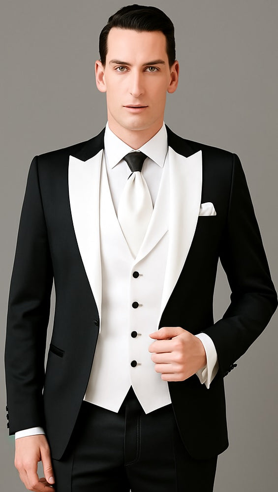 Men's Black and White Lapel Peak Lapel Vested 3 Piece 1 Button Tuxedo With White Lapel Suit with white vest or black vest