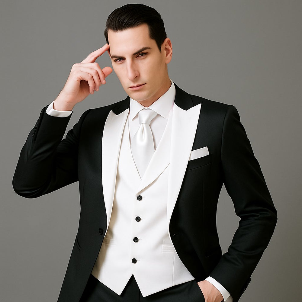 Men's Black and White Lapel Peak Lapel Vested 3 Piece 1 Button Tuxedo With White Lapel Suit with white vest or black vest