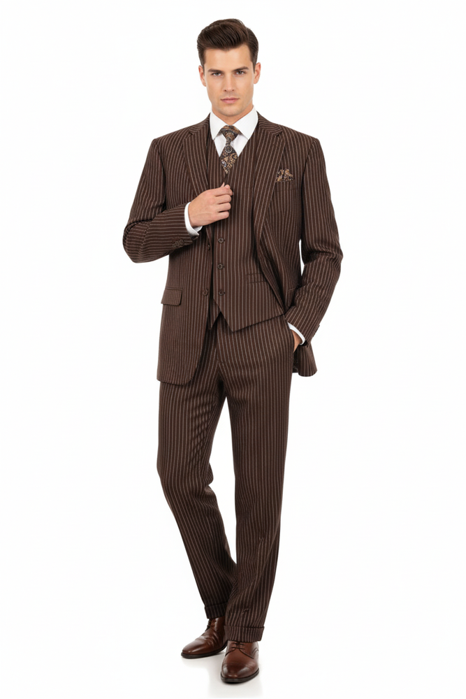Men’s Brown Pinstripe 3-Piece Suit 