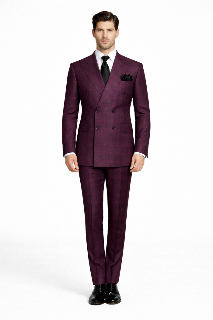 Men's Burgundy Plaid Double-Breasted Suit – Classic Windowpane Formal Two-Piece Suit By Rossiman