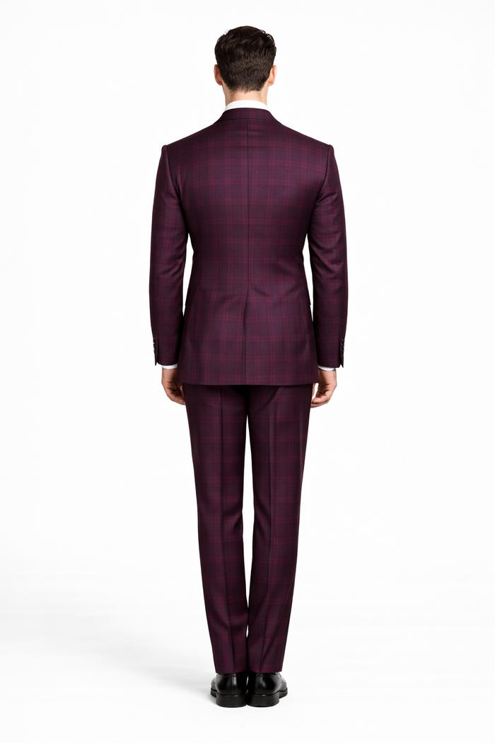 Men's Burgundy Plaid Double-Breasted Suit – Classic Windowpane Formal Two-Piece Suit By Rossiman