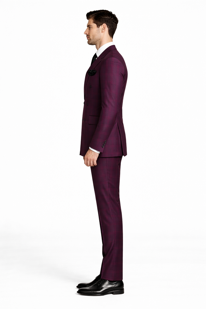 Men's Burgundy Plaid Double-Breasted Suit – Classic Windowpane Formal Two-Piece Suit By Rossiman