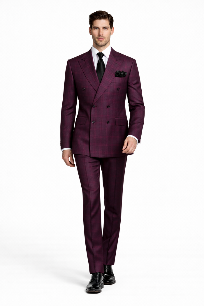 Men's Burgundy Plaid Double-Breasted Suit – Classic Windowpane Formal Two-Piece Suit By Rossiman