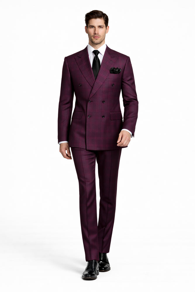 Men's Burgundy Plaid Double-Breasted Suit – Classic Windowpane Formal Two-Piece Suit By Rossiman