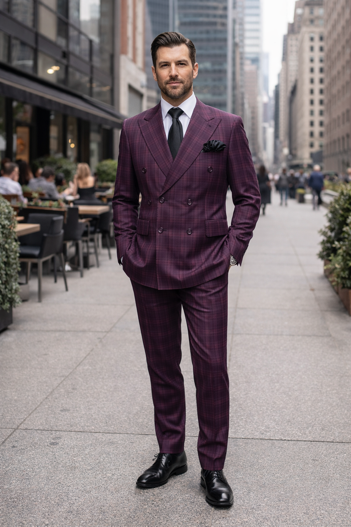 Men's Burgundy Plaid Double-Breasted Suit – Classic Windowpane Formal Two-Piece Suit By Rossiman